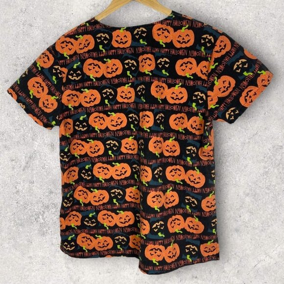 Halloween Pumpkin Scrub Top Orange Black Size Large Just Love Tee V-Neck Top L - Picture 5 of 10